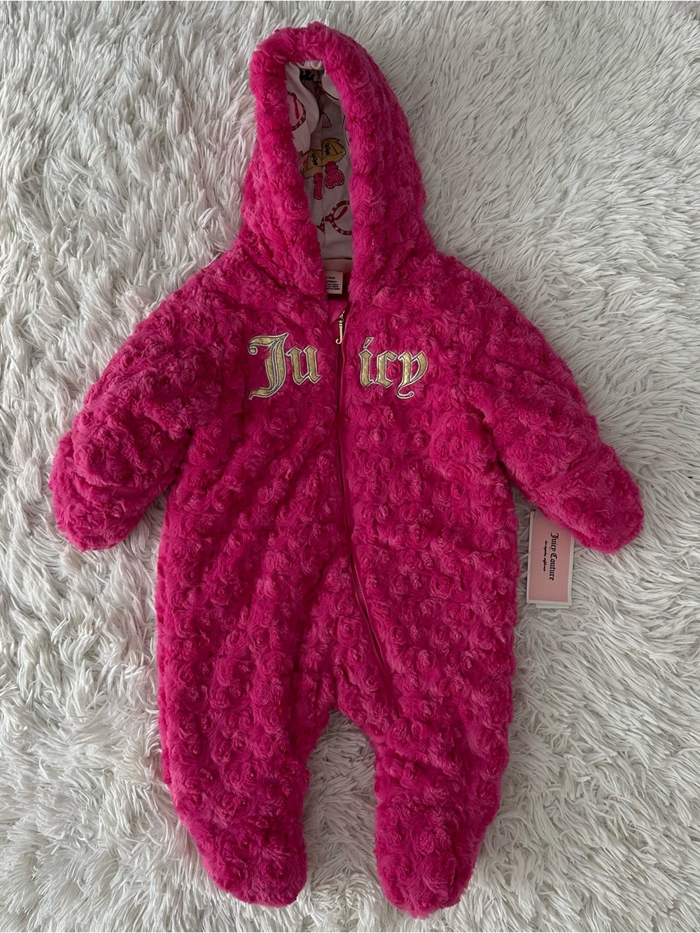 Juicy Couture Baby Pink Plush Pram Suit Hooded One Piece 3-6M NWT